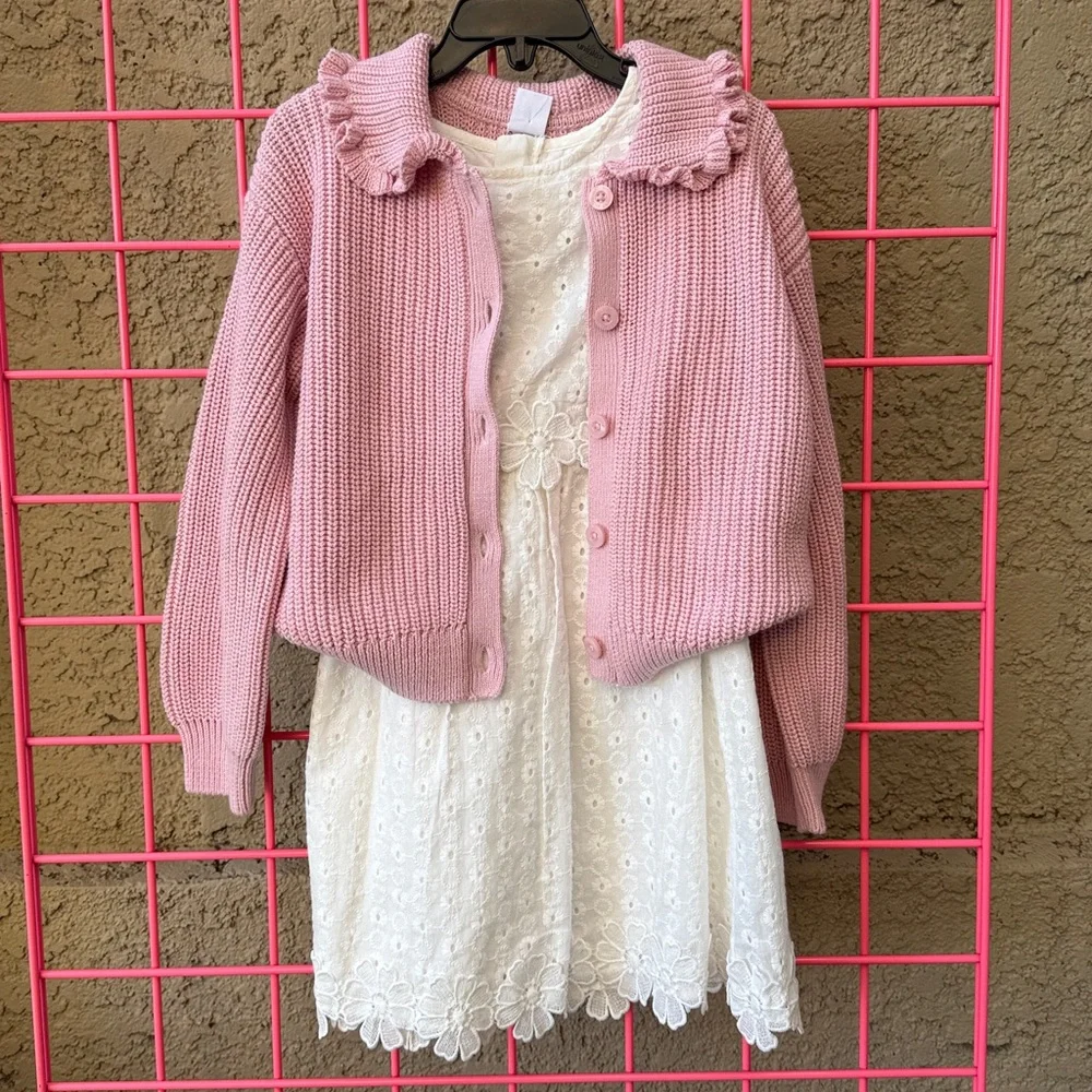 New Creamy Pink Ruffled Collar Cotton Cardigan